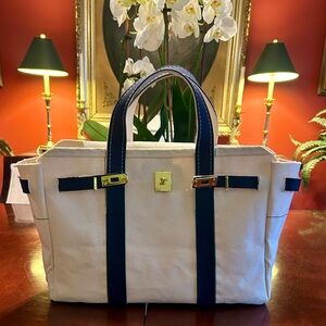 L.L. Bean Canvas Boatkin Tote Bag Navy Blue Gold Hardware Lock & Key Closure